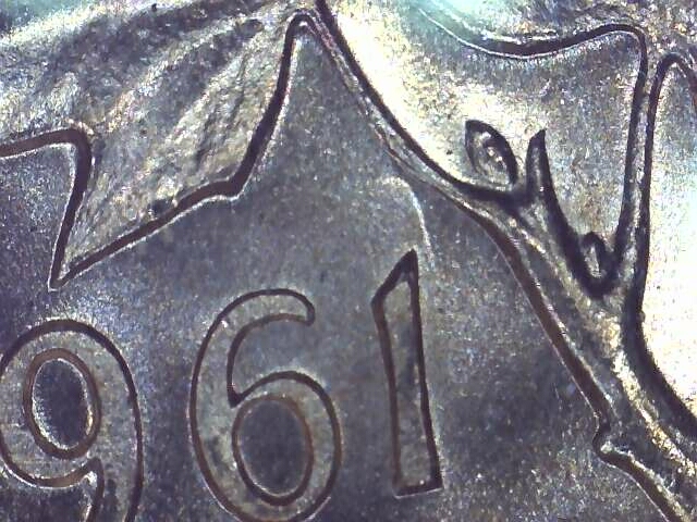 1961 Canadian one-cent Hanging 1 variety, CoinData specimen